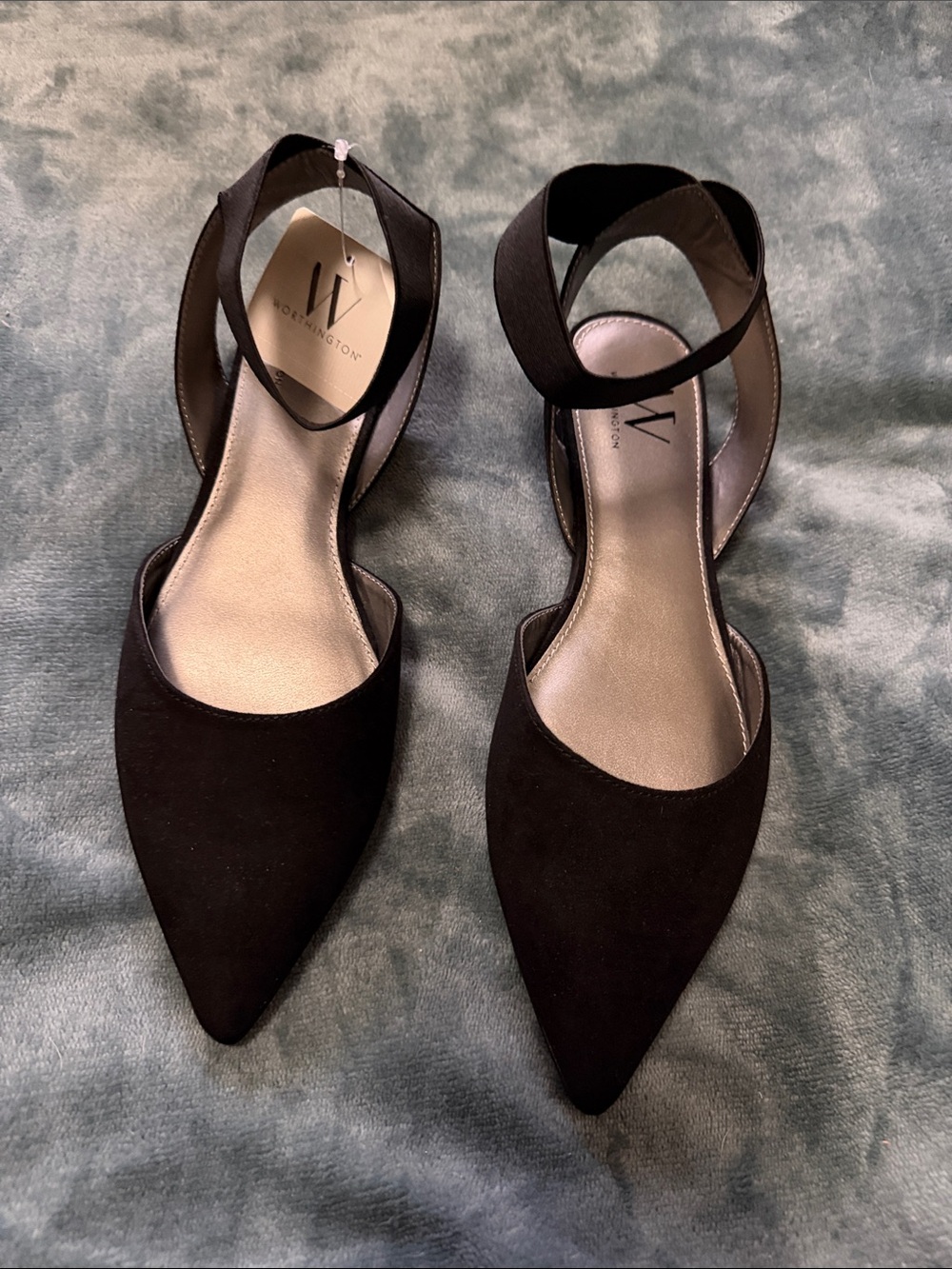 Worthington Black Pointed Toe Ankle Strap Flats